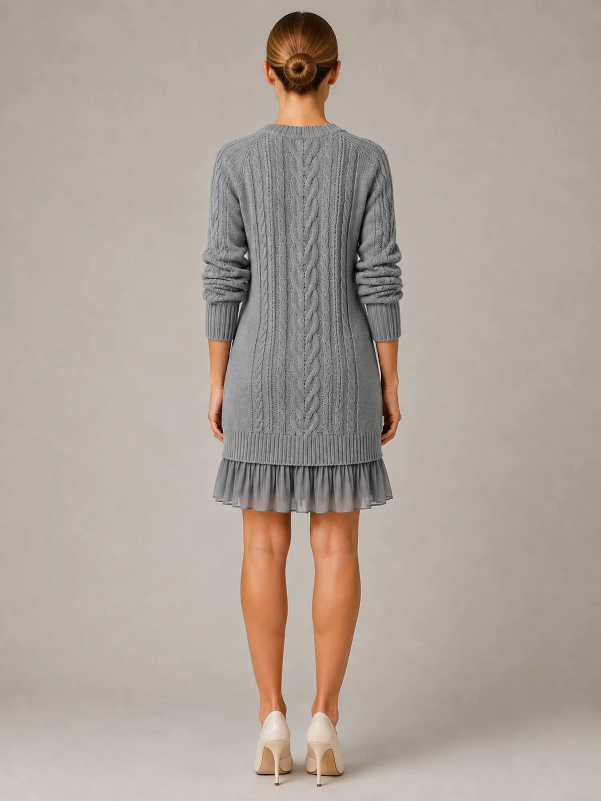 Women's Cable Knit Mini Dress – Pleated Hem Long Sleeve in Grey – Back view