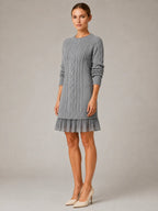 Women's Cable Knit Mini Dress – Pleated Hem Long Sleeve in Grey – Hover view