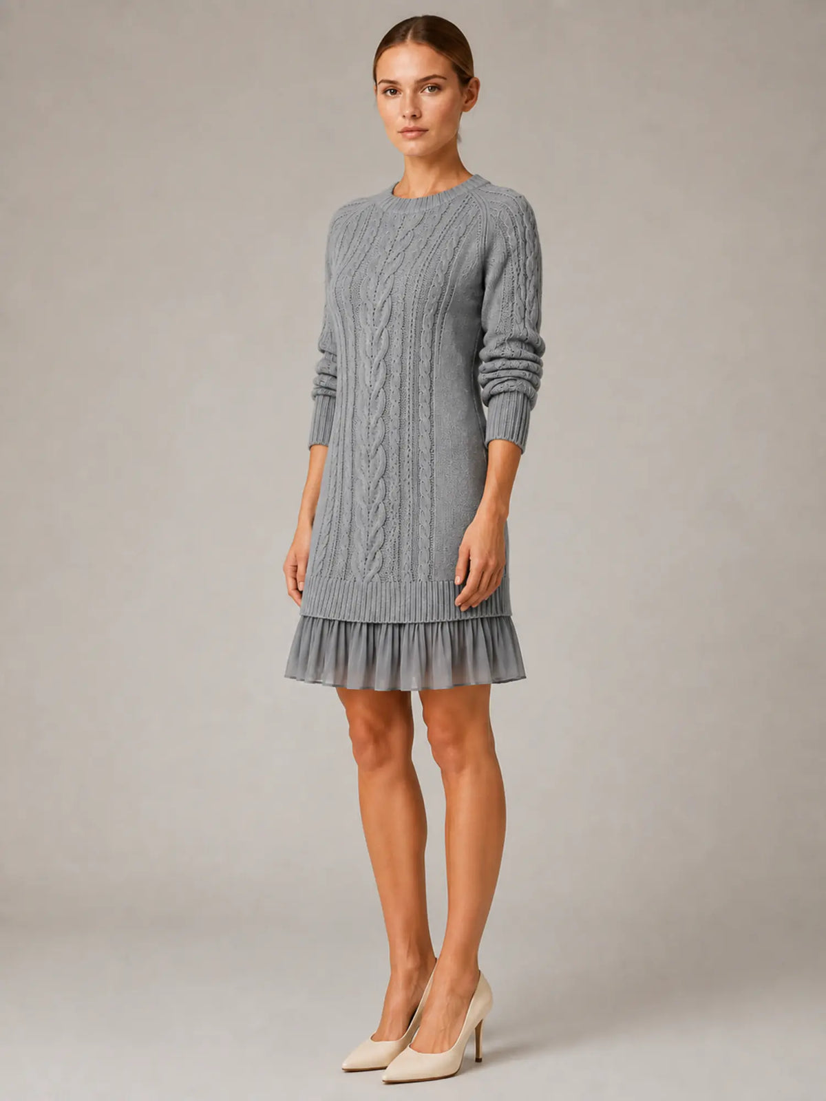 Women's Cable Knit Mini Dress – Pleated Hem Long Sleeve in Grey – Hover view