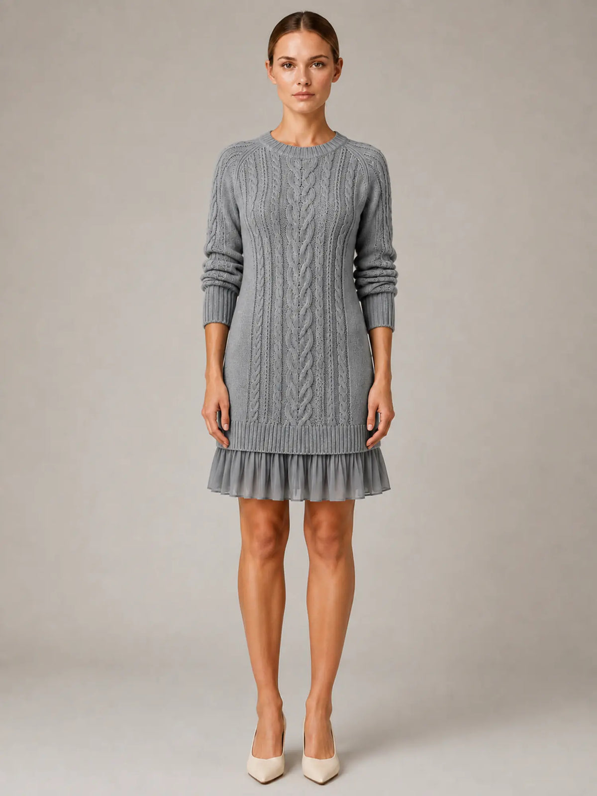 Women's Cable Knit Mini Dress – Pleated Hem Long Sleeve in Grey – Main view