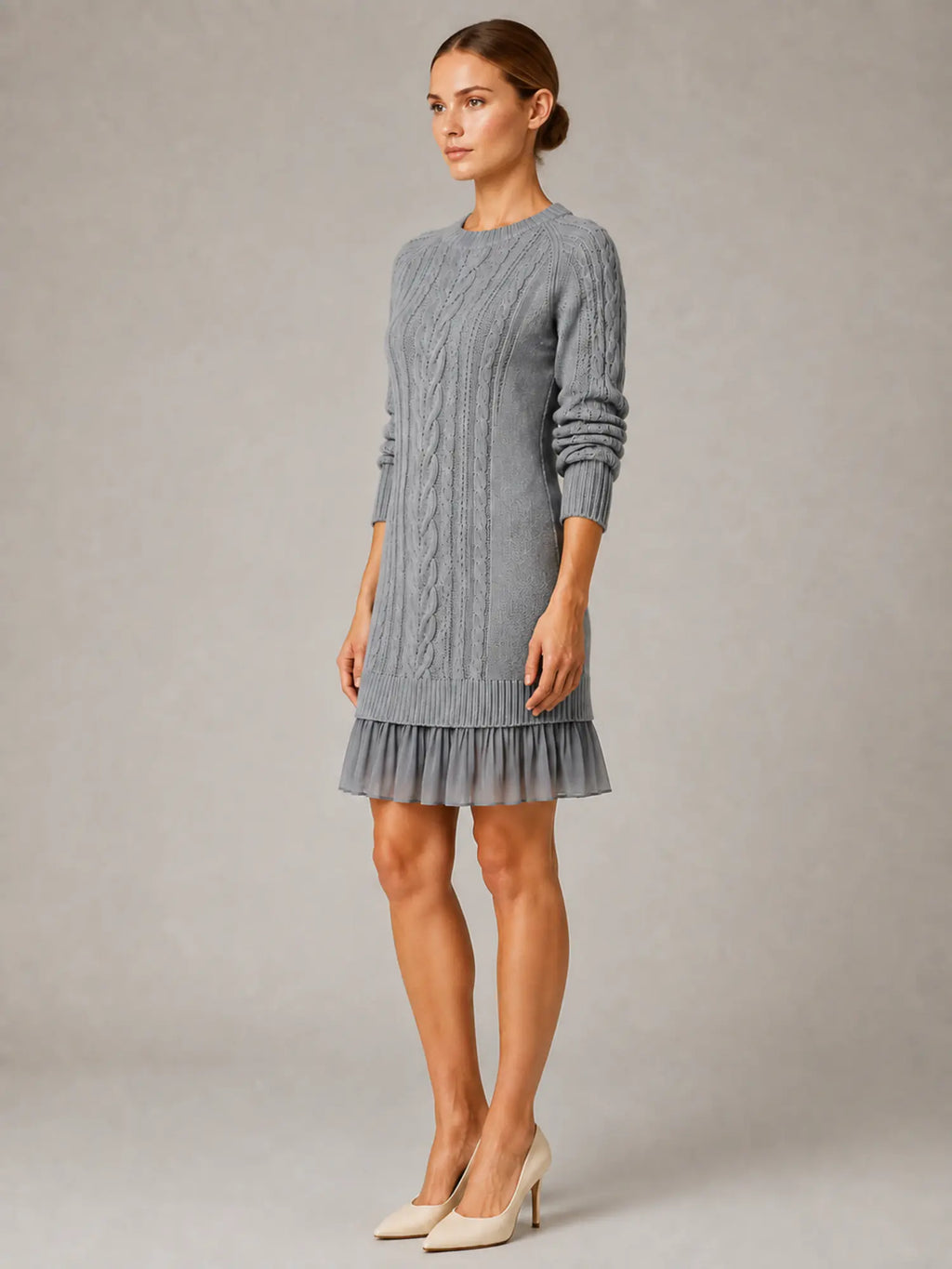 Women's Cable Knit Mini Dress – Pleated Hem Long Sleeve in Grey – Side view