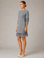 Women's Cable Knit Mini Dress – Pleated Hem Long Sleeve in Grey – Side view