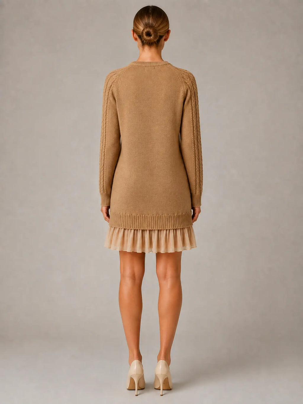 Women's Cable Knit Mini Dress – Pleated Hem Long Sleeve in Khaki – Back view
