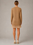 Women's Cable Knit Mini Dress – Pleated Hem Long Sleeve in Khaki – Back view