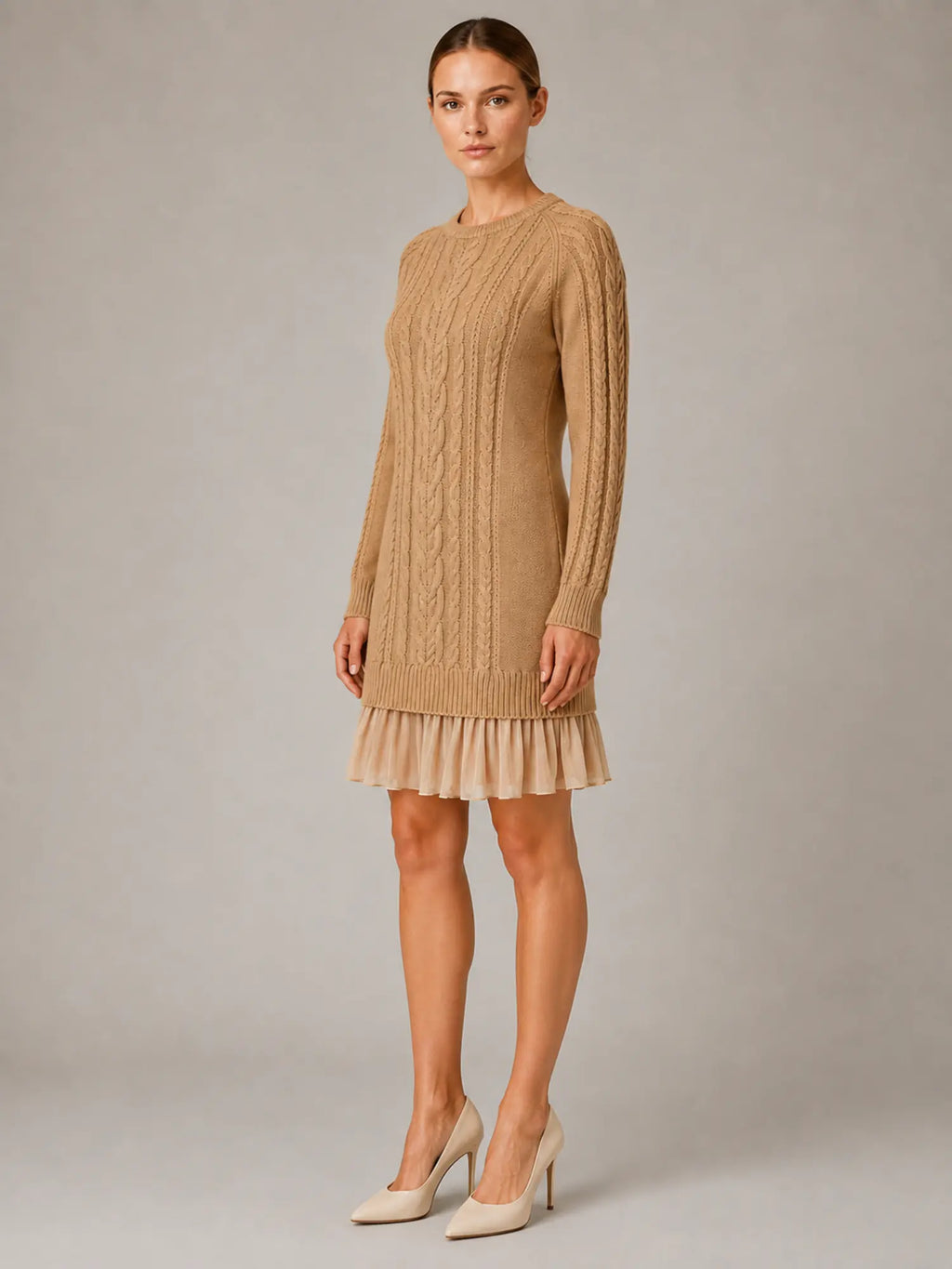 Women's Cable Knit Mini Dress – Pleated Hem Long Sleeve in Khaki – Hover view