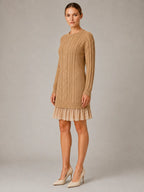 Women's Cable Knit Mini Dress – Pleated Hem Long Sleeve in Khaki – Hover view