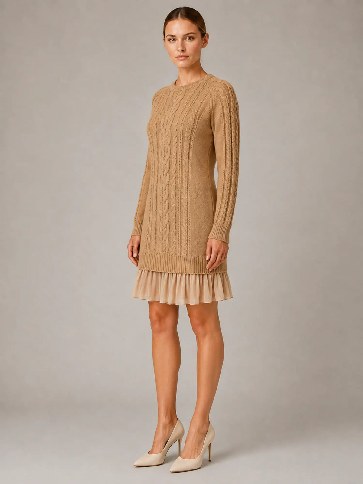 Women's Cable Knit Mini Dress – Pleated Hem Long Sleeve in Khaki – Hover view