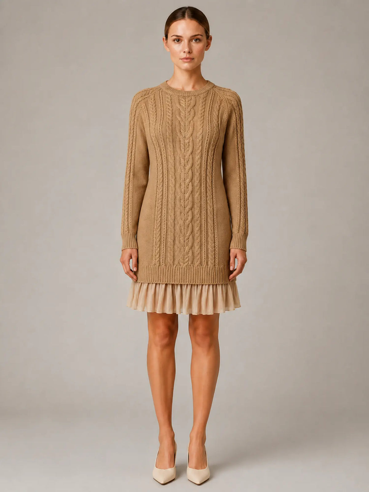 Women's Cable Knit Mini Dress – Pleated Hem Long Sleeve in Khaki – Main view