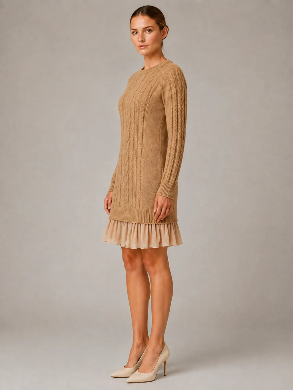 Women's Cable Knit Mini Dress – Pleated Hem Long Sleeve in Khaki – Side view