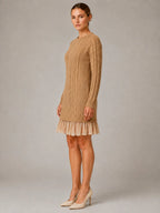 Women's Cable Knit Mini Dress – Pleated Hem Long Sleeve in Khaki – Side view