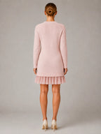 Women's Cable Knit Mini Dress – Pleated Hem Long Sleeve in Pink – Back view