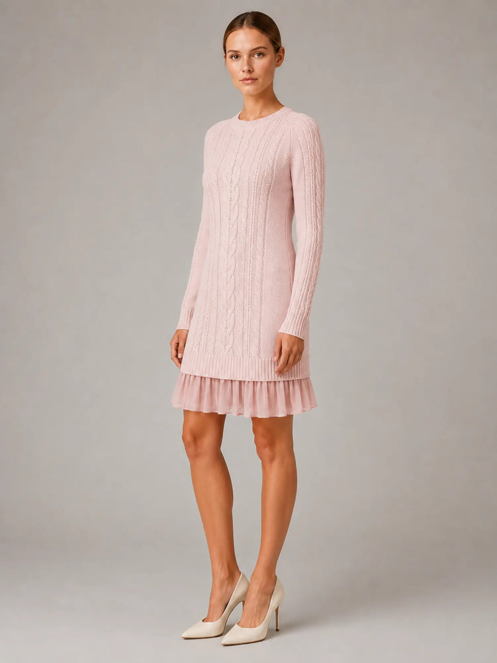Women's Cable Knit Mini Dress – Pleated Hem Long Sleeve in Pink – Hover view