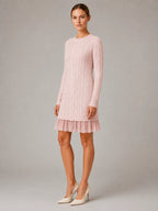 Women's Cable Knit Mini Dress – Pleated Hem Long Sleeve in Pink – Hover view