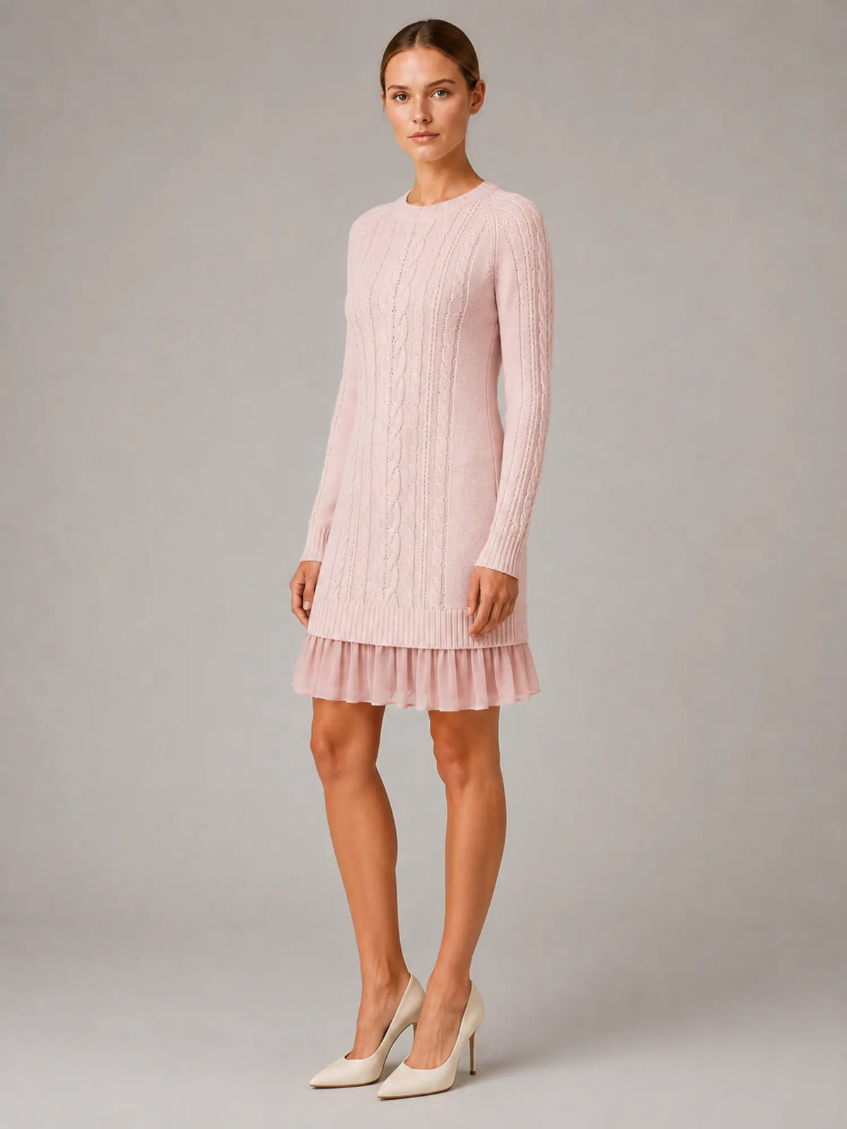 Women's Cable Knit Mini Dress – Pleated Hem Long Sleeve in Pink – Hover view