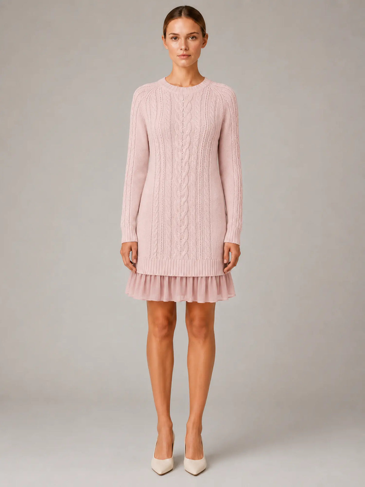 Women's Cable Knit Mini Dress – Pleated Hem Long Sleeve in Pink – Main view