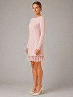 Women's Cable Knit Mini Dress – Pleated Hem Long Sleeve in Pink – Side view
