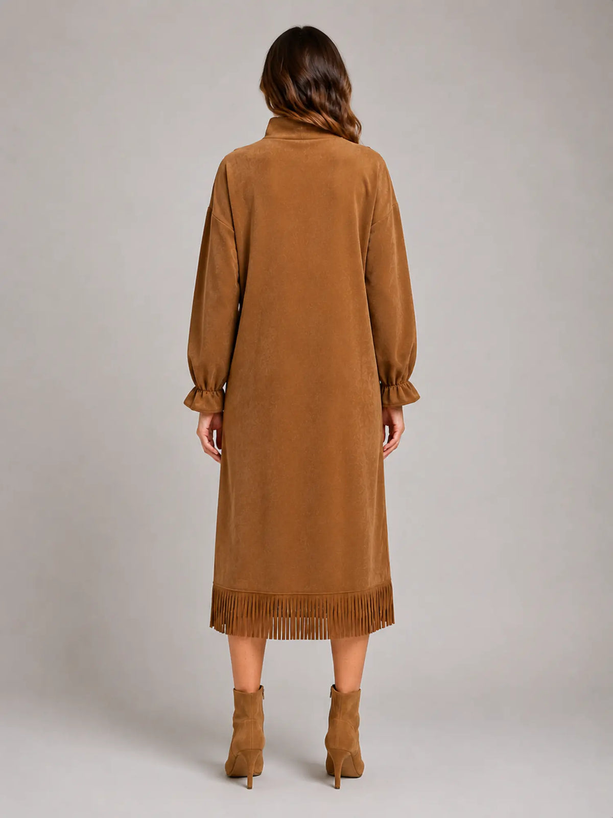 Women's Suede-Look Midi Dress – High Neck Fringe Hem in Khaki – Back view
