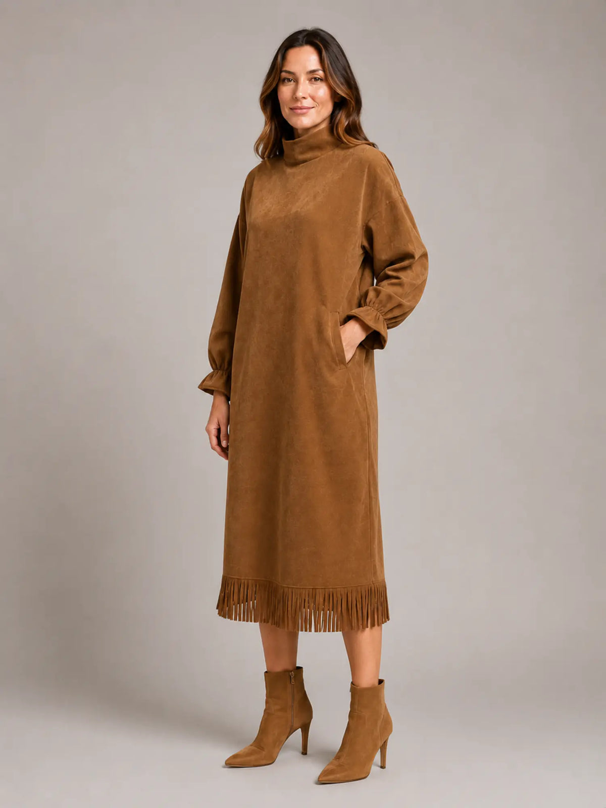 Women's Suede-Look Midi Dress – High Neck Fringe Hem in Khaki – Hover view