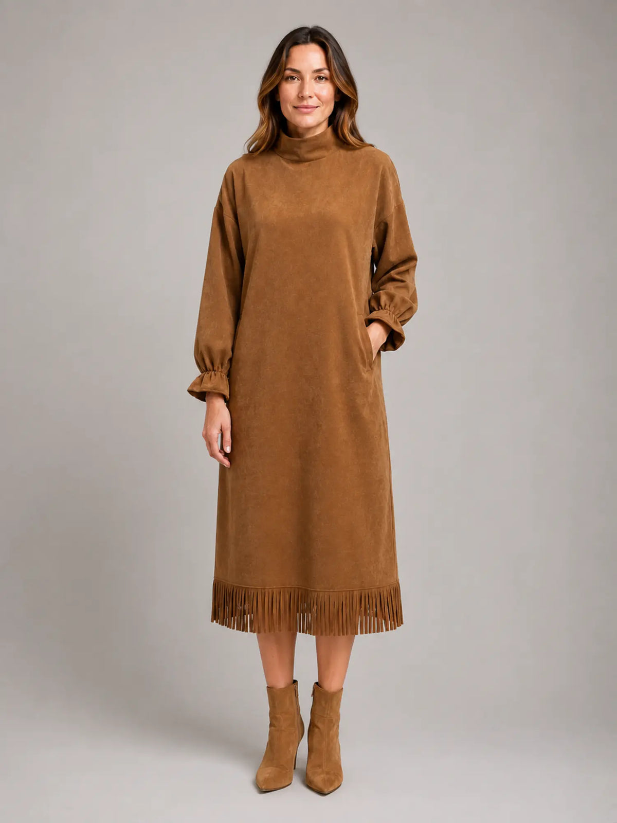 Women's Suede-Look Midi Dress – High Neck Fringe Hem in Khaki – Main view
