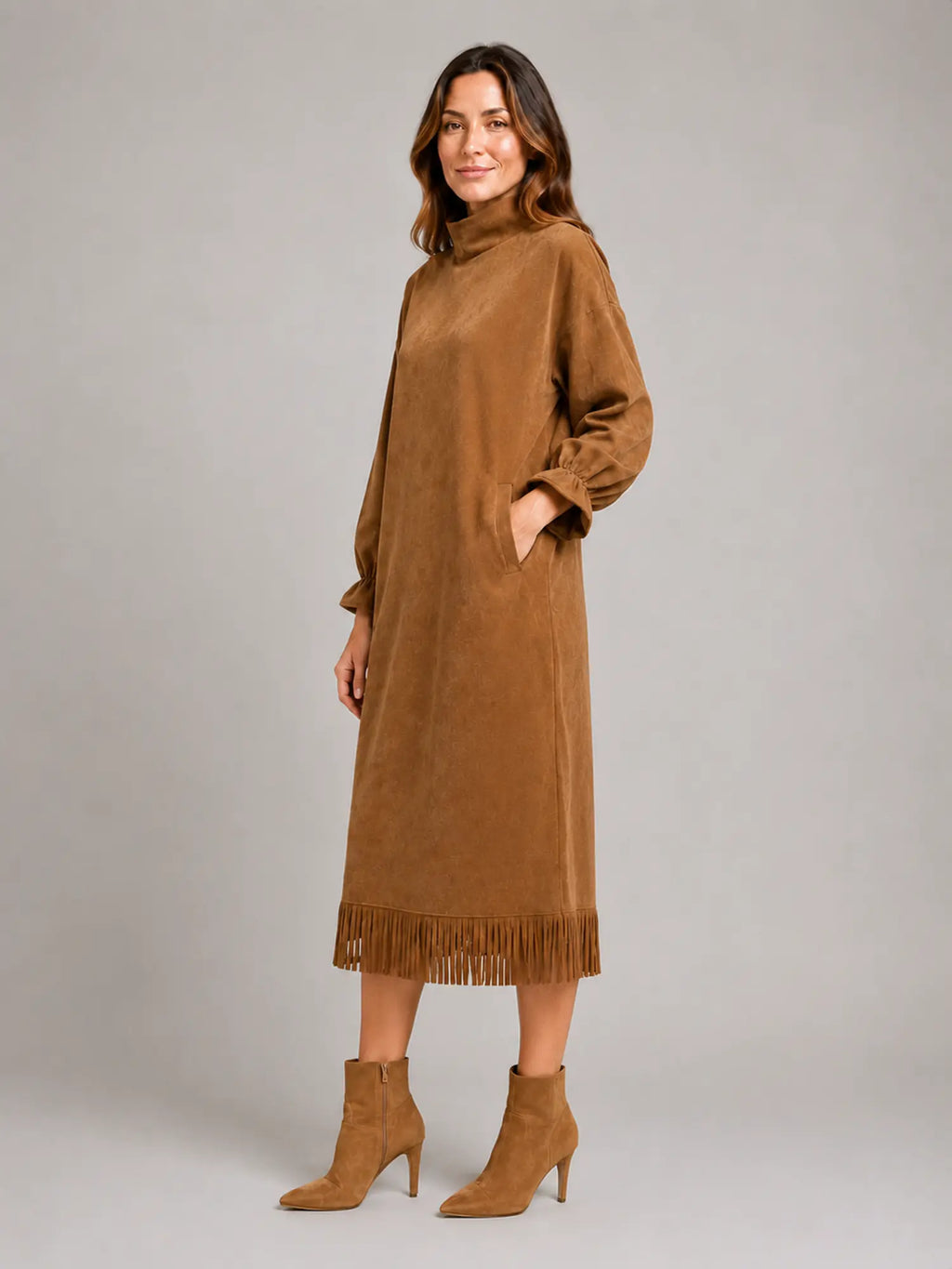 Women's Suede-Look Midi Dress – High Neck Fringe Hem in Khaki – Side view