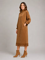 Women's Suede-Look Midi Dress – High Neck Fringe Hem in Khaki – Side view