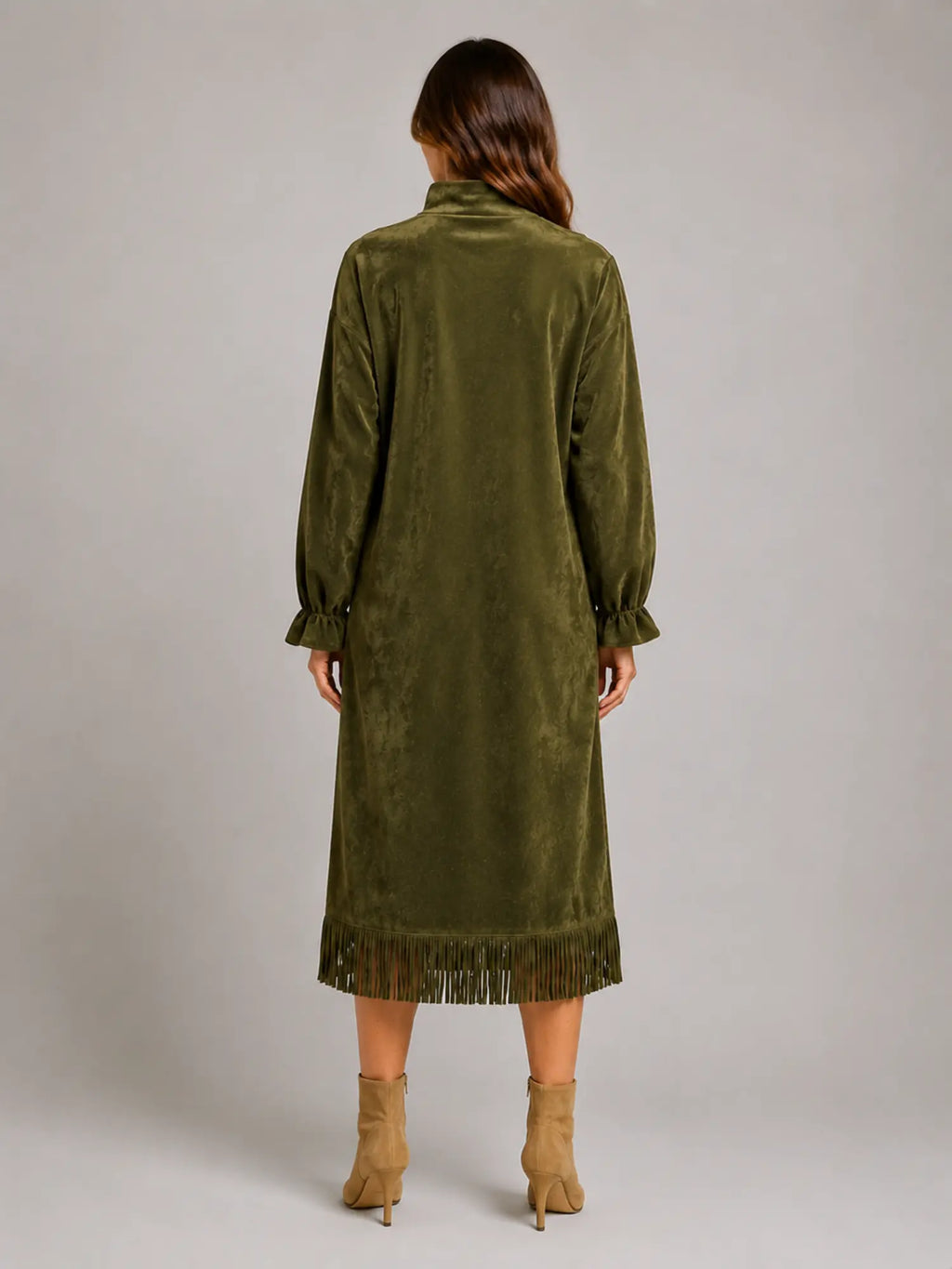 Women's Suede-Look Midi Dress – High Neck Fringe Hem in Olive Green – Back view