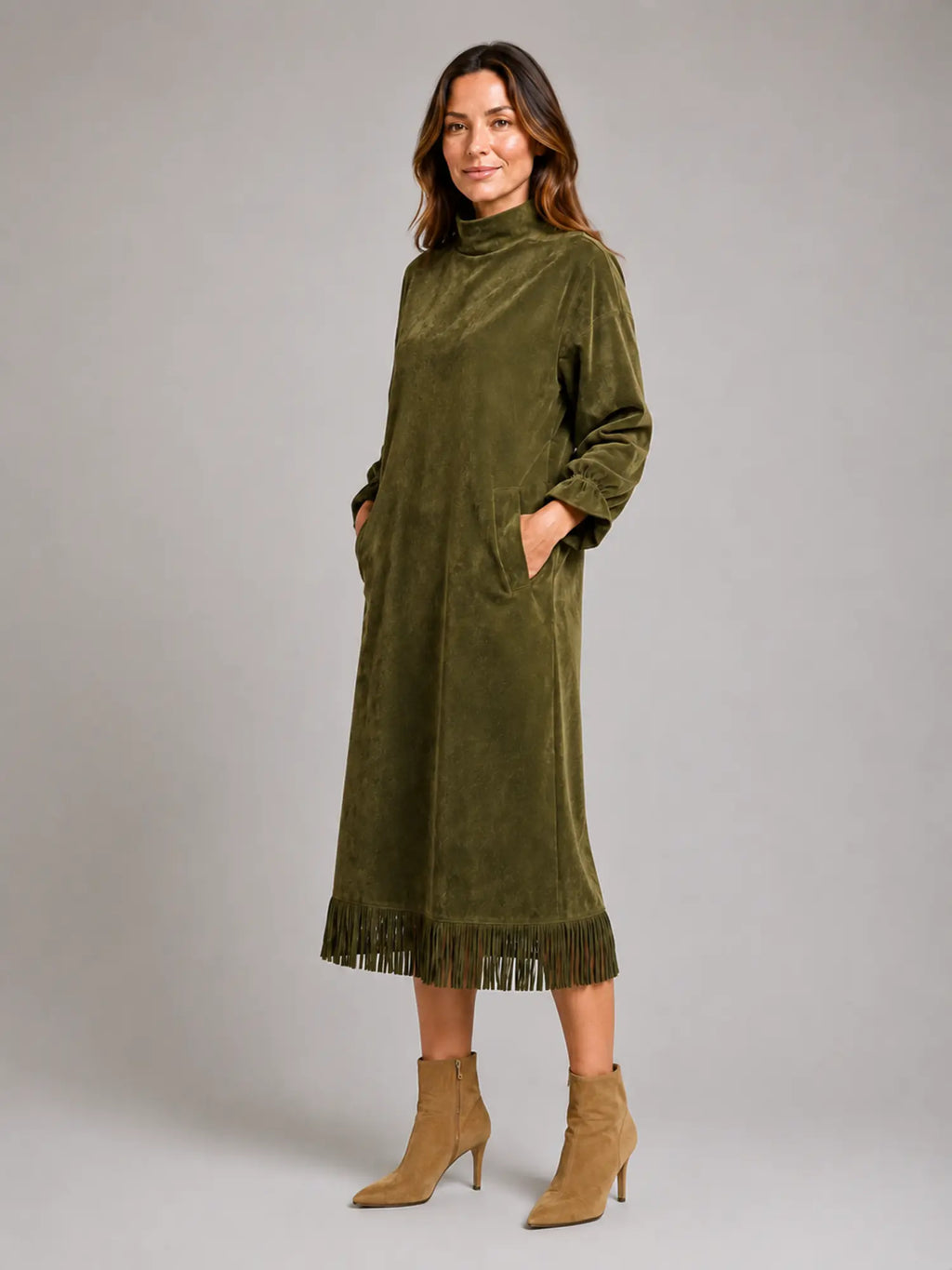 Women's Suede-Look Midi Dress – High Neck Fringe Hem in Olive Green – Hover view