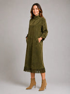 Women's Suede-Look Midi Dress – High Neck Fringe Hem in Olive Green – Hover view