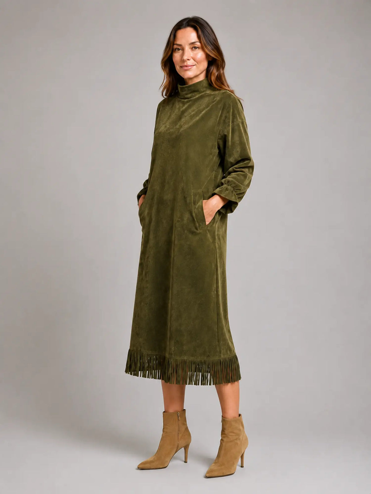 Women's Suede-Look Midi Dress – High Neck Fringe Hem in Olive Green – Hover view