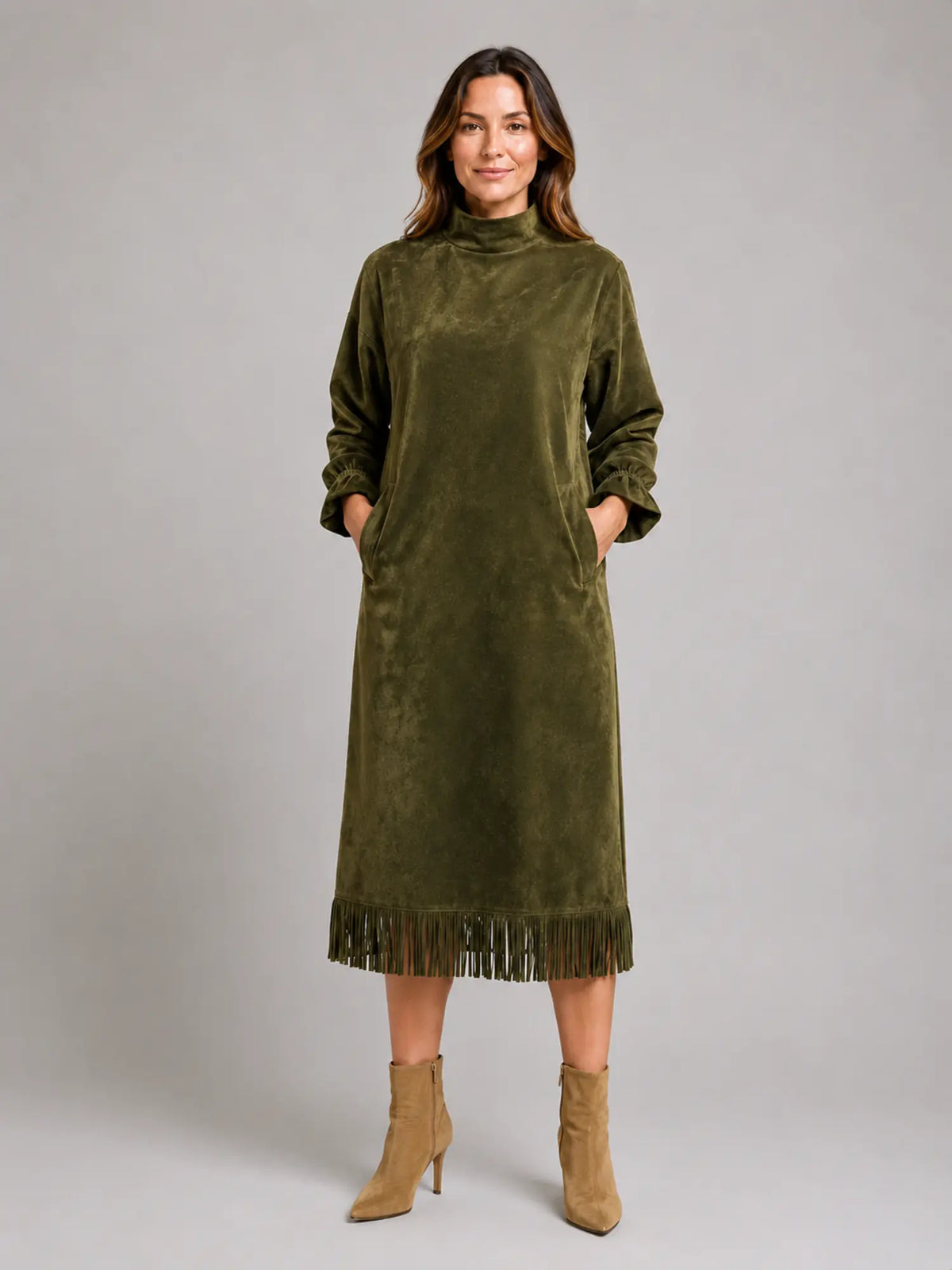 Women's Suede-Look Midi Dress – High Neck Fringe Hem in Olive Green – Main view
