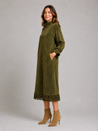 Women's Suede-Look Midi Dress – High Neck Fringe Hem in Olive Green – Side view