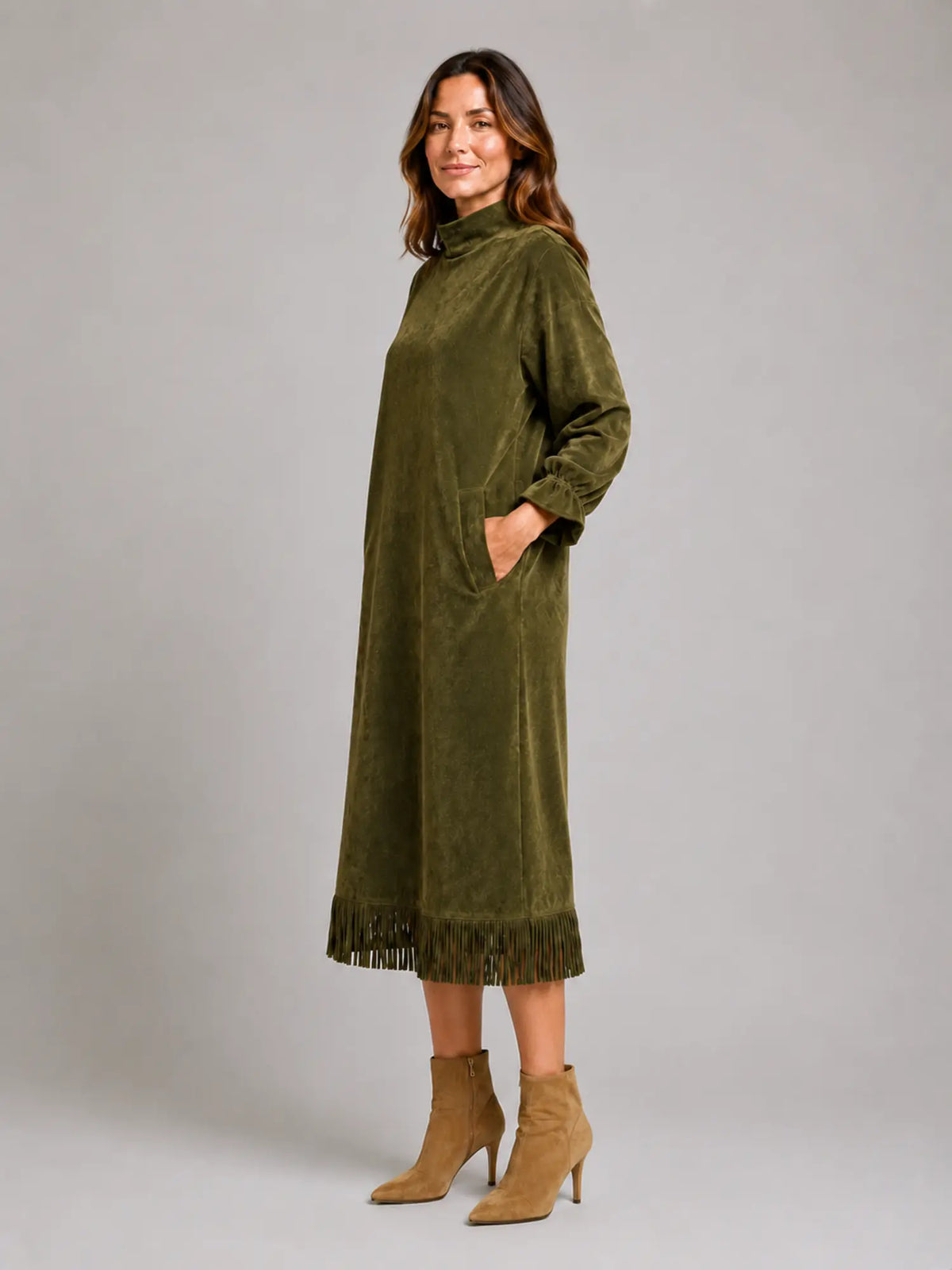 Women's Suede-Look Midi Dress – High Neck Fringe Hem in Olive Green – Side view