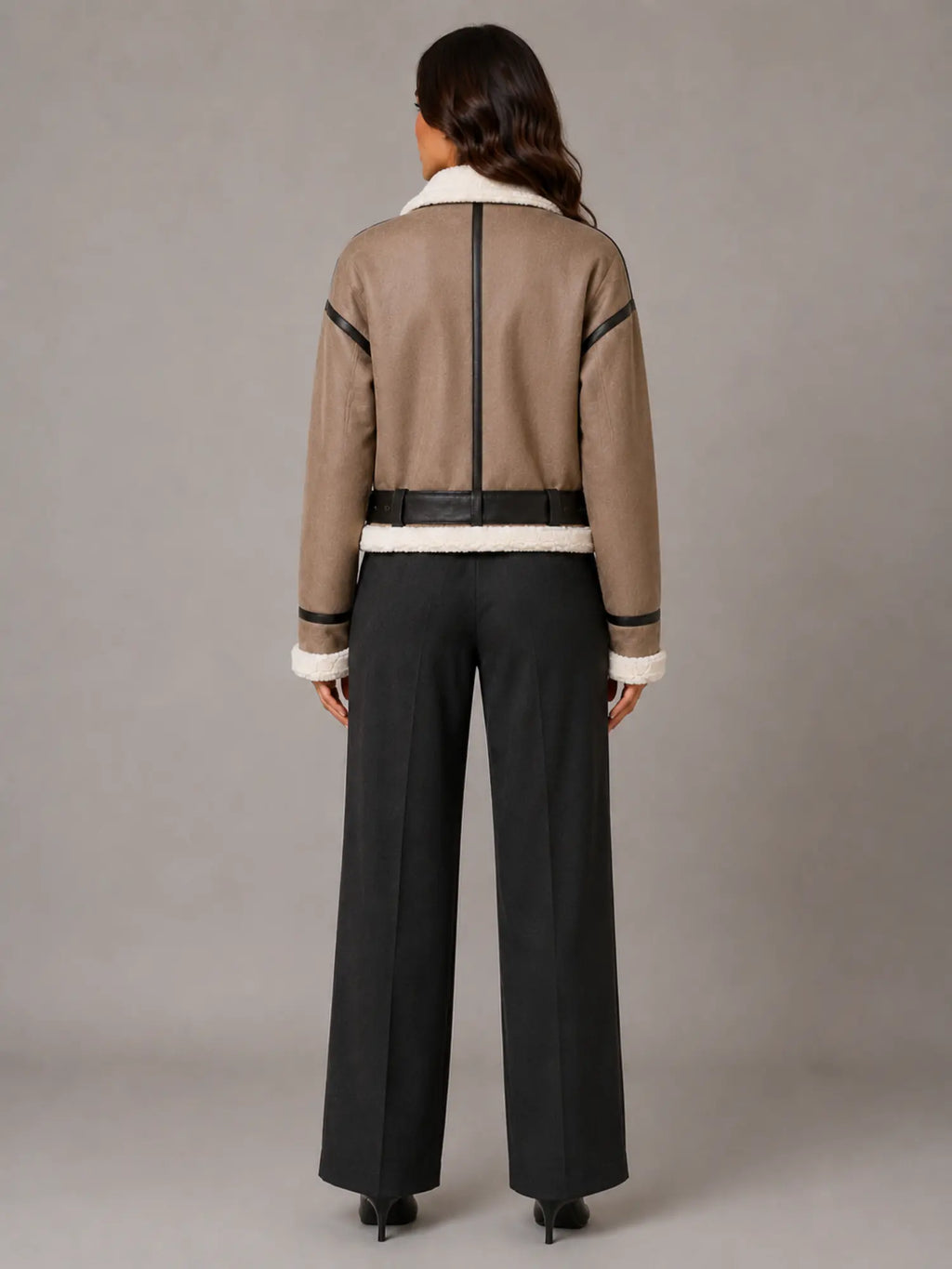 Women's Cropped Aviator Jacket – Teddy Lined Suede Look in Brown – Back view