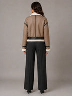 Women's Cropped Aviator Jacket – Teddy Lined Suede Look in Brown – Back view