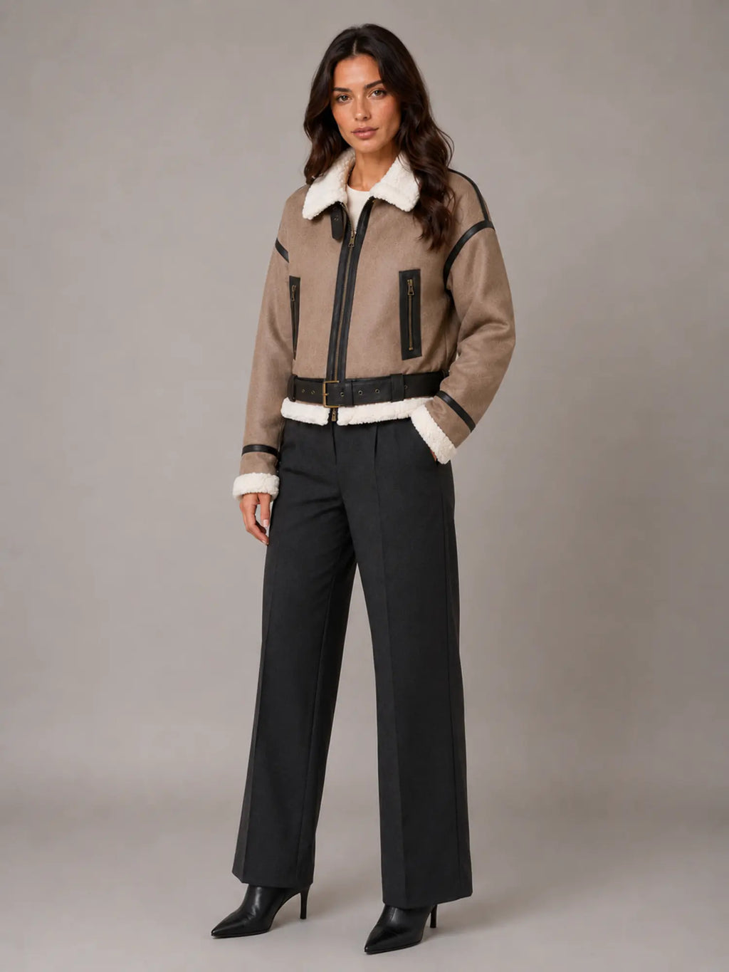 Women's Cropped Aviator Jacket – Teddy Lined Suede Look in Brown – Hover view