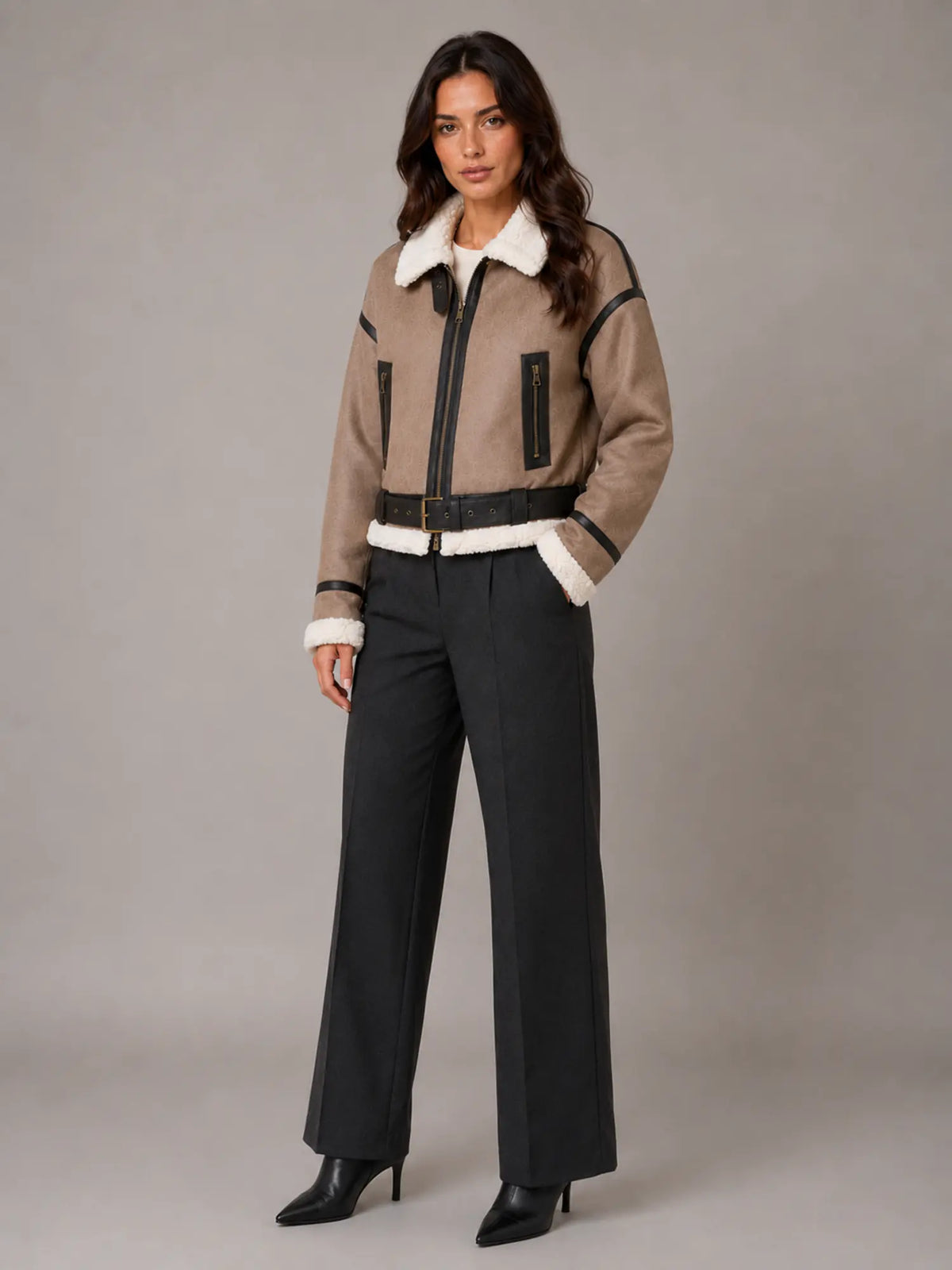 Women's Cropped Aviator Jacket – Teddy Lined Suede Look in Brown – Hover view