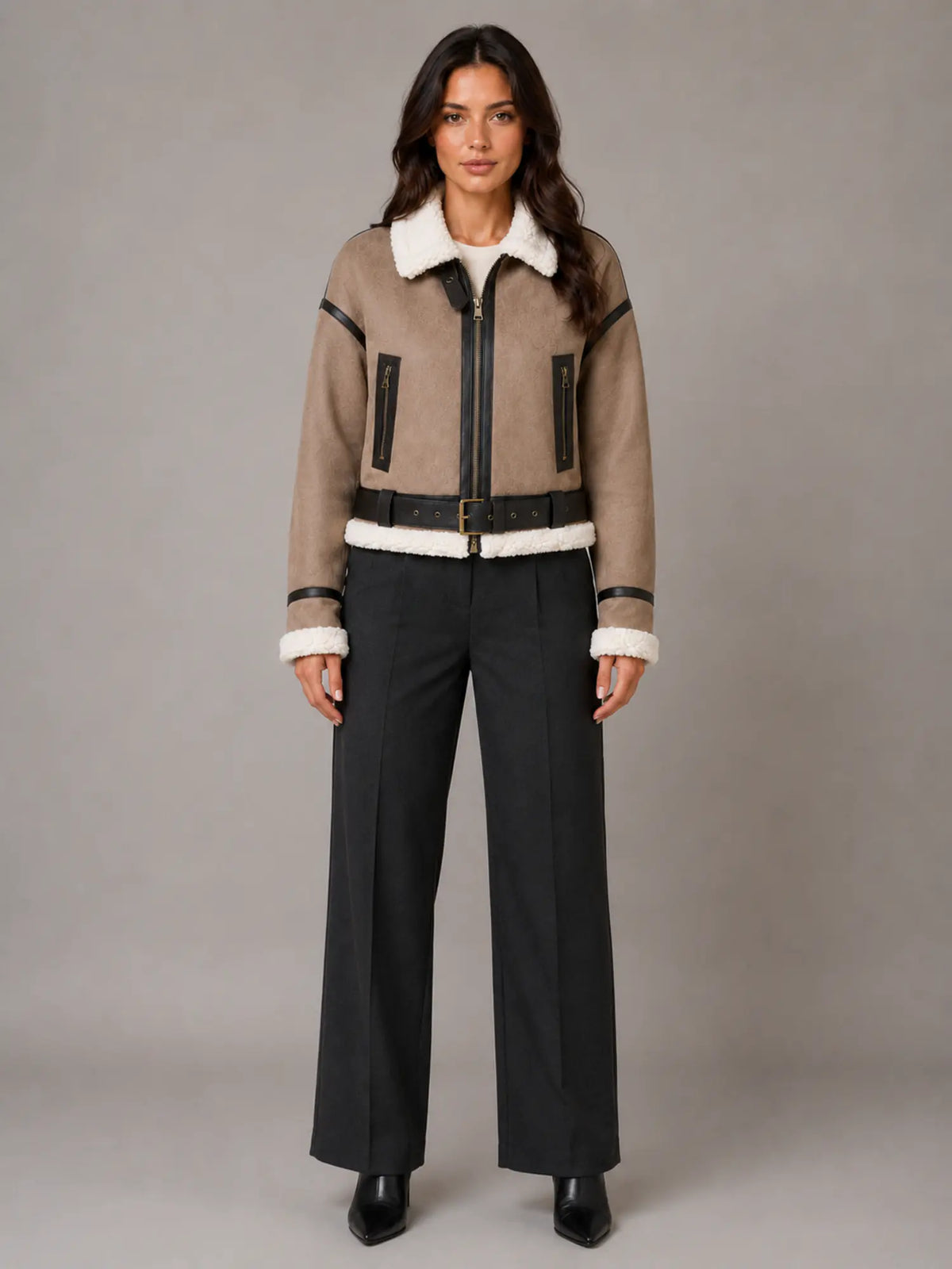 Women's Cropped Aviator Jacket – Teddy Lined Suede Look in Brown – Main view
