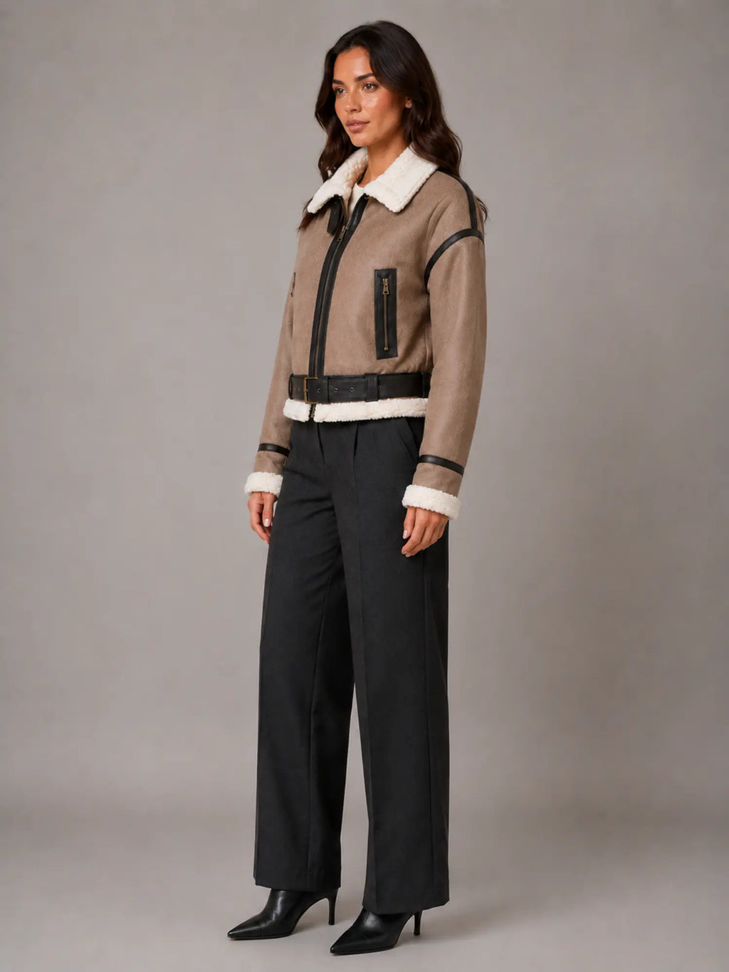 Women's Cropped Aviator Jacket – Teddy Lined Suede Look in Brown – Side view
