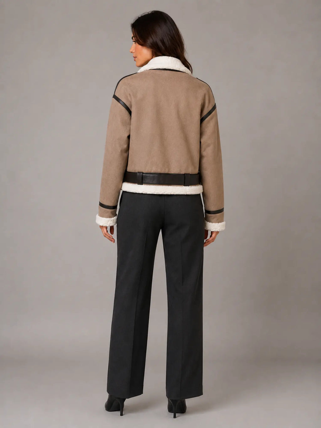 Women's Cropped Aviator Jacket – Teddy Lined Suede Look in Khaki – Back view