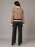 Women's Cropped Aviator Jacket – Teddy Lined Suede Look in Khaki – Back view