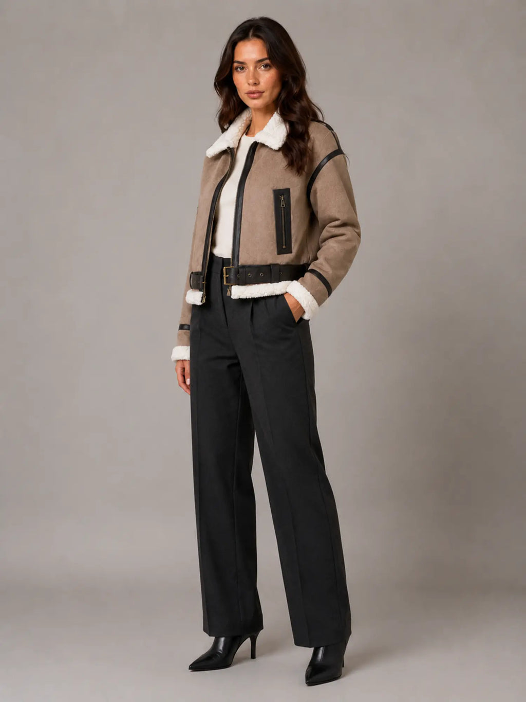 Women's Cropped Aviator Jacket – Teddy Lined Suede Look in Khaki – Hover view