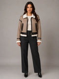 Women's Cropped Aviator Jacket – Teddy Lined Suede Look in Khaki – Main view