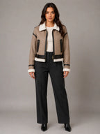Women's Cropped Aviator Jacket – Teddy Lined Suede Look in Khaki – Main view