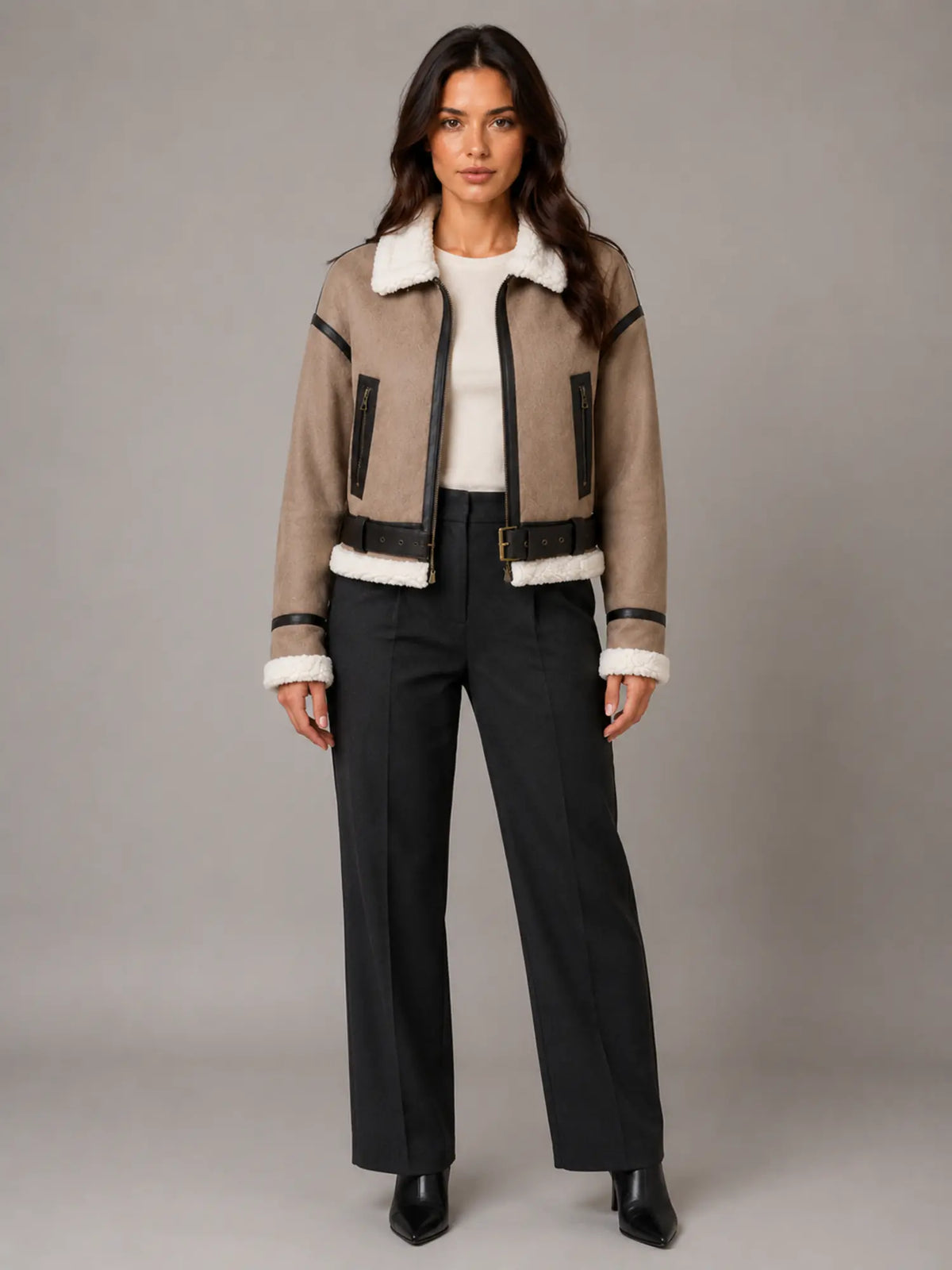 Women's Cropped Aviator Jacket – Teddy Lined Suede Look in Khaki – Main view