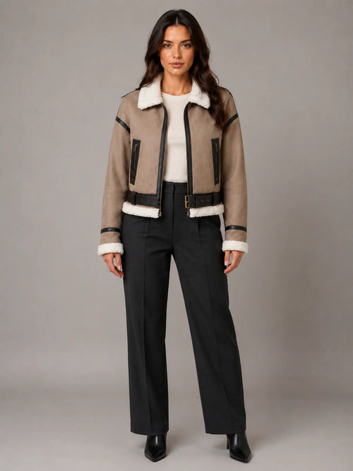 Women's Cropped Aviator Jacket – Teddy Lined Suede Look in Khaki – Main view