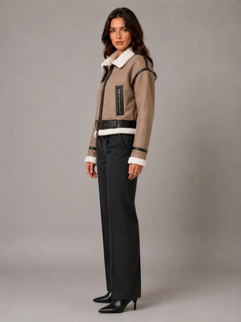 Women's Cropped Aviator Jacket – Teddy Lined Suede Look in Khaki – Side view