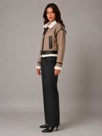 Women's Cropped Aviator Jacket – Teddy Lined Suede Look in Khaki – Side view