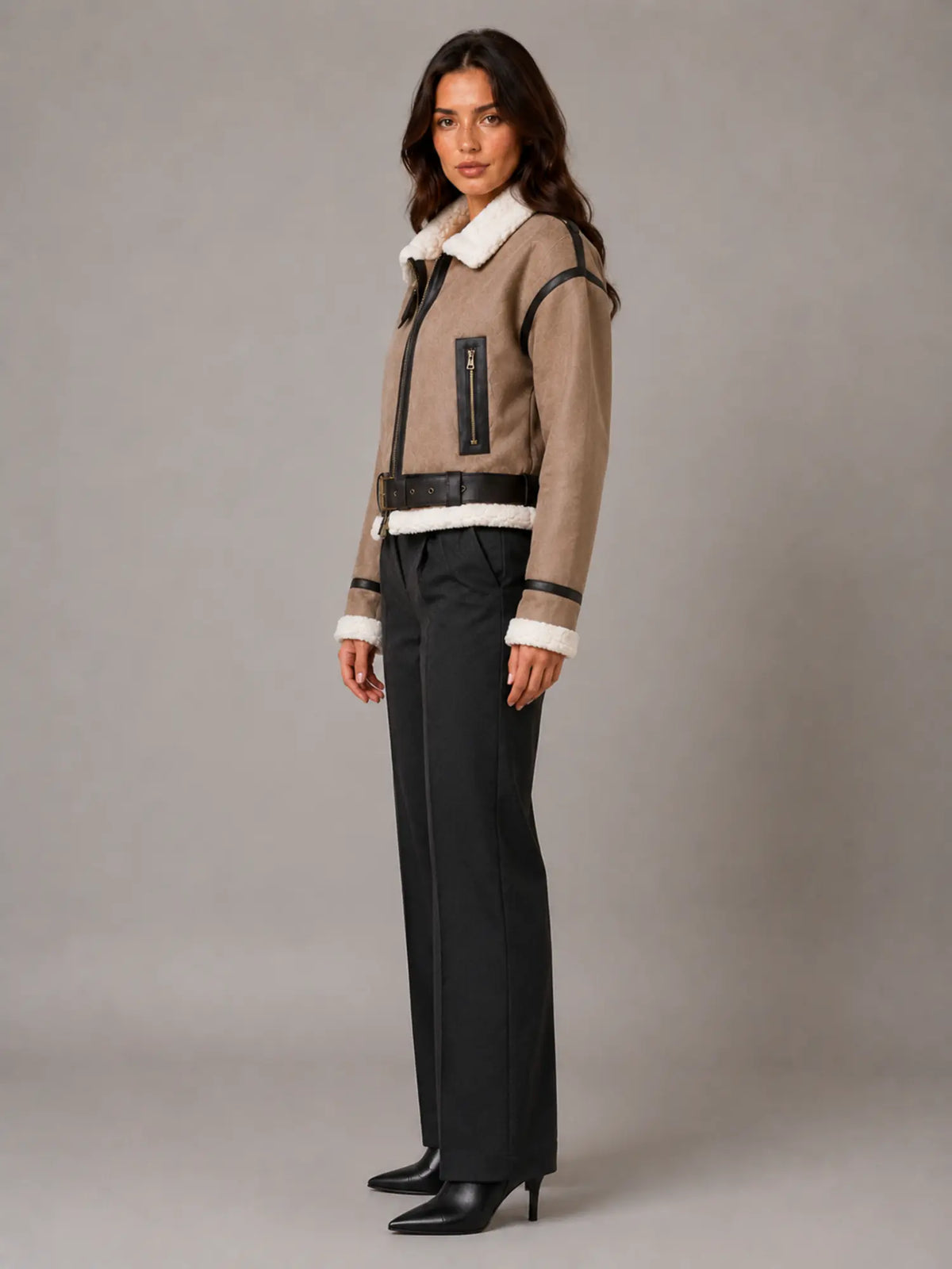 Women's Cropped Aviator Jacket – Teddy Lined Suede Look in Khaki – Side view