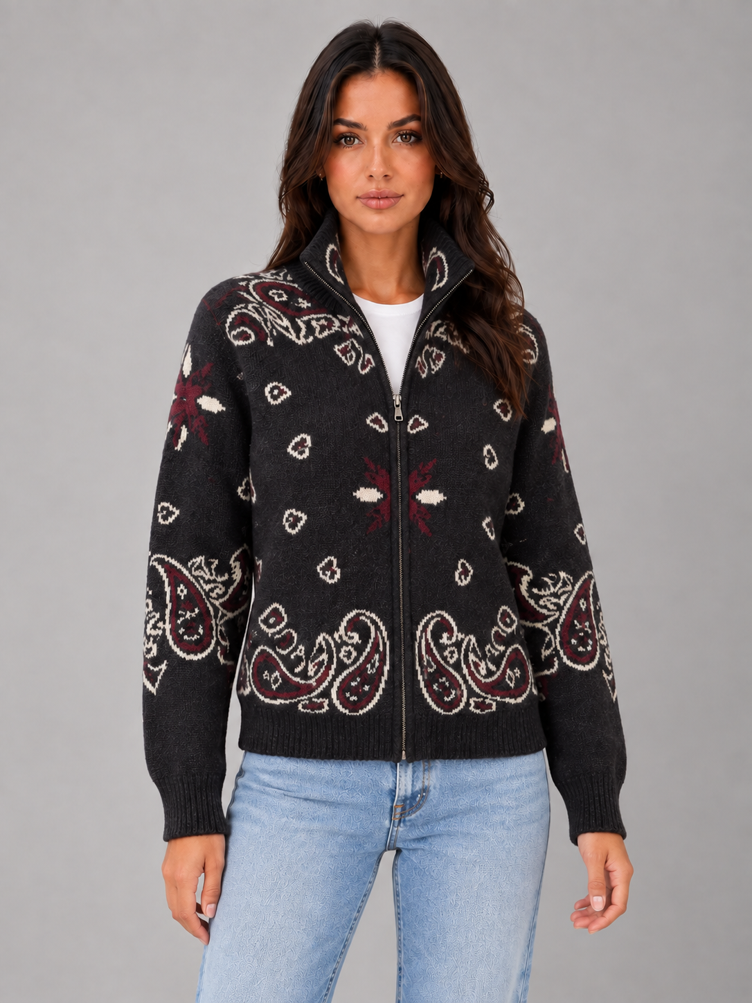 Women's Bandana Print Knit Cardigan – Funnel Neck Zip-Up in black, front view