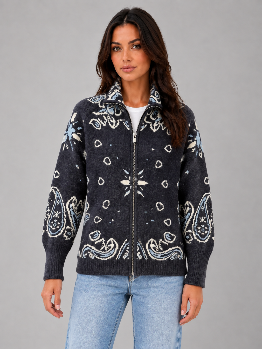 Women's Bandana Print Knit Cardigan – Funnel Neck Zip-Up in denim blue, front view